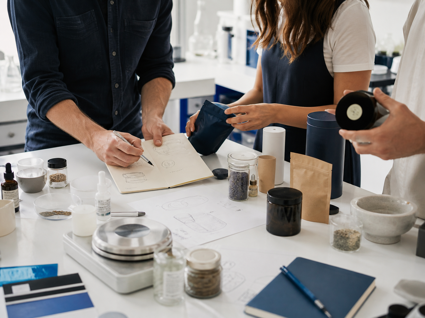 A product team working together at a development workbench