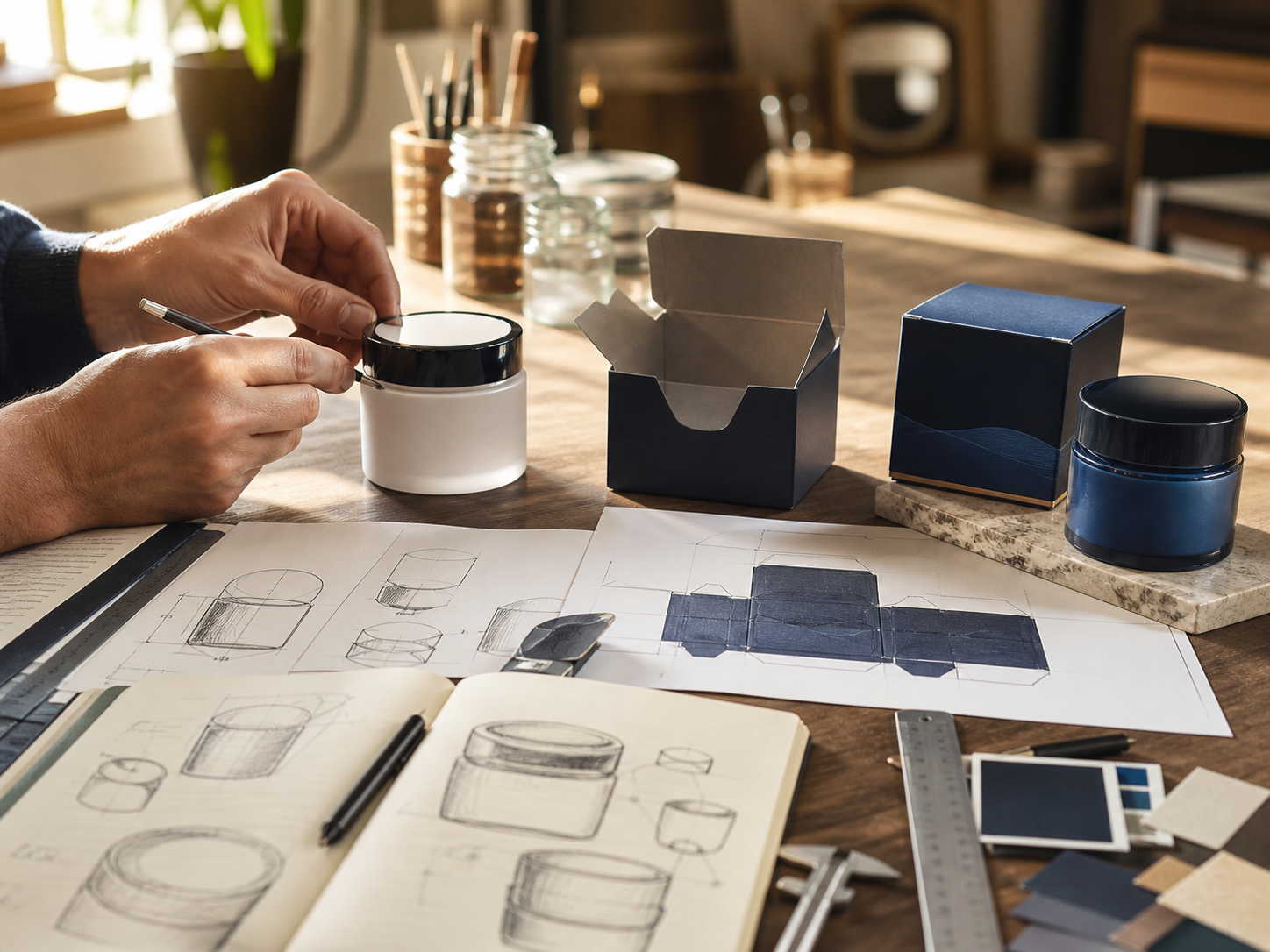 A product idea moving from sketch to finished package on a workshop table